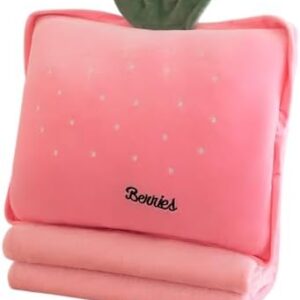 Rikyo 15" Stuffed Fruit Travel Blanket and Pillow Set,3 in 1 Plush Stuffed Hugging Pillow with Warming Hands Pillow Blanket for Kids Gift Travel Airplane Train Bed Office Nap (Pink - Strawberry)