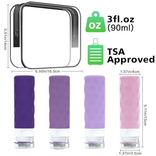 Travel Bottles for Toiletries, 4pcs Tsa Approved 3oz Travel Size Containers, BPA Free Leak Proof Premium Silicone Bottles, Refillable Liquid Squeezable Accessories W/Toiletry Bag(Purple) - Image 2