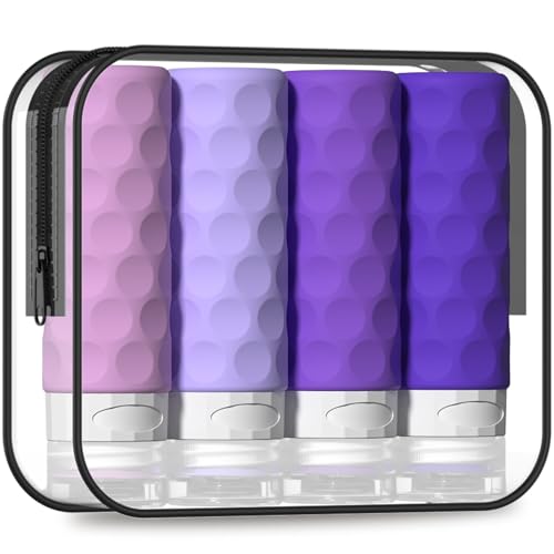 Travel Bottles for Toiletries, 4pcs Tsa Approved 3oz Travel Size Containers, BPA Free Leak Proof Premium Silicone Bottles, Refillable Liquid Squeezable Accessories W/Toiletry Bag(Purple)