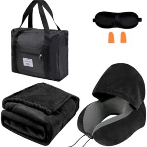 Travel Blanket Pillow Set - Travel Neck Pillow & Blanket for Airplane, Thick Fleece Plane Blankets, Hooded Memory Foam Neck Pillows, Foldable Duffel Bag, Sleep Mask, Earplugs for Plane Traveling