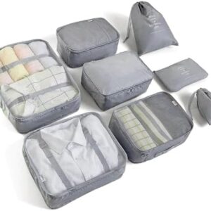 8 Set Packing Cubes for Suitcases Travel Luggage Packing Organizers,Travel Essentials Accessories Luggage Organizer with Shoe Bag Tioletry/Laundry Bag（Grey）