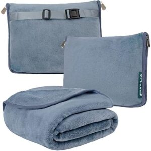 PAVILIA Travel Blanket Pillow, Soft Airplane Blanket 2-IN-1 Combo Set, Plane Blanket Compact Packable, Flight Essentials Car Pillow, Travelers Gift Accessories Luggage Backpack Strap, 60x43 Slate Blue