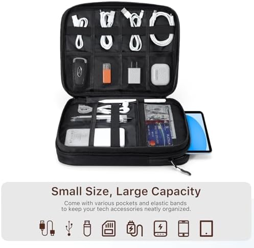 Electronics Organizer Travel Case, Double Layers Cord Organizer Travel for Cable, Cord, iPhone, iPad, Chargers, Portable Cable O rganizer Bag for 9-11" Tablets, Black - Image 3