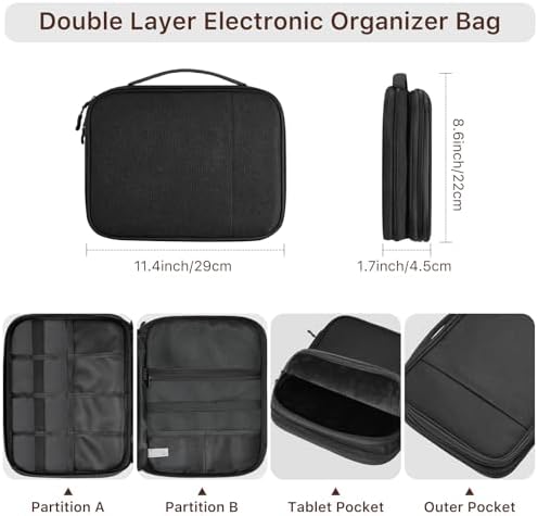Electronics Organizer Travel Case, Double Layers Cord Organizer Travel for Cable, Cord, iPhone, iPad, Chargers, Portable Cable O rganizer Bag for 9-11" Tablets, Black - Image 2