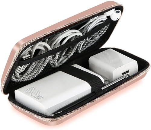 iMangoo Shockproof Travel Essentials Organizer Case, Small Accessories Hard Protective Pouch Electronics Purse for Women Men Zipper Tech Cord Cable Power Bank Charger 6.5x3.2x1 In (Rose Gold)