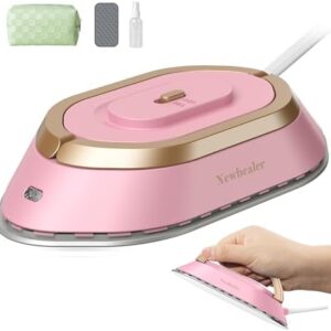 Newbealer Travel Iron with Global Voltage, 100-240V Mini Dry Iron for Clothes (No Steam), Max 300W, 60s Heat Up, 302℉ Non-Stick Ceramic Soleplate, 0.8lbs Ultra-Lightweight (Pink)