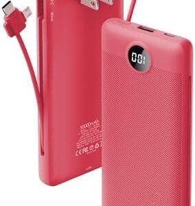 Portable Charger Built-in Cables and AC Wall Plug, VRURC USB C Power Bank 10000mAh, Travel Battery Portable Phone Charger Compact Lightweight External Battery Pack for SmartPhones,Tablets-Viva Magenta