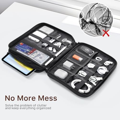 Electronics Organizer Travel Case, Double Layers Cord Organizer Travel for Cable, Cord, iPhone, iPad, Chargers, Portable Cable O rganizer Bag for 9-11" Tablets, Black - Image 6
