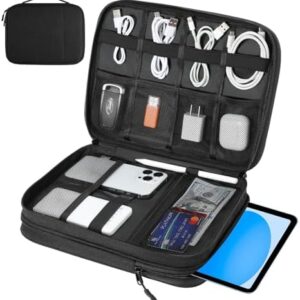 Electronics Organizer Travel Case, Double Layers Cord Organizer Travel for Cable, Cord, iPhone, iPad, Chargers, Portable Cable O rganizer Bag for 9-11" Tablets, Black