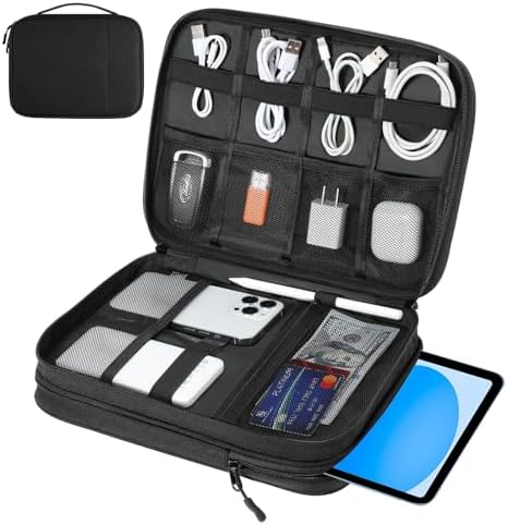 Electronics Organizer Travel Case, Double Layers Cord Organizer Travel for Cable, Cord, iPhone, iPad, Chargers, Portable Cable O rganizer Bag for 9-11" Tablets, Black