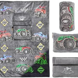 HWING Truck Travel Blanket Pillow - Glow in The Dark Kids Travel Blanket Airplane Compact with Bag - Boys Trucks Toys Gifts, Airplane Blanket for Long Flights, Outdoor, Car, Camping 40"*60"