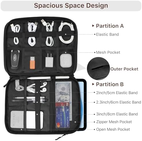Electronics Organizer Travel Case, Double Layers Cord Organizer Travel for Cable, Cord, iPhone, iPad, Chargers, Portable Cable O rganizer Bag for 9-11" Tablets, Black - Image 5