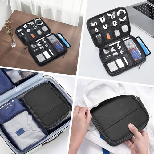 Electronics Organizer Travel Case, Double Layers Cord Organizer Travel for Cable, Cord, iPhone, iPad, Chargers, Portable Cable O rganizer Bag for 9-11" Tablets, Black - Image 9