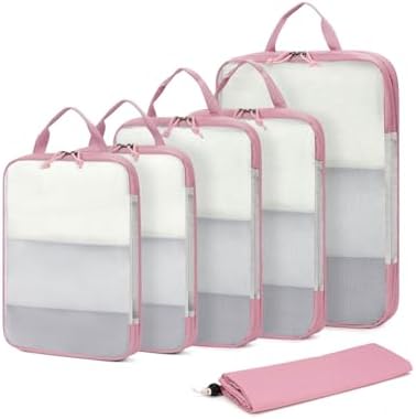 ECOHUB 6 Set Compression Packing Cubes, Gifts for Women Mom, Lightweight Vacation Travel Essentials Accessories for Suitcase Luggage Organizer Bags Set with YKK Zippers Shoe Bag, Pink
