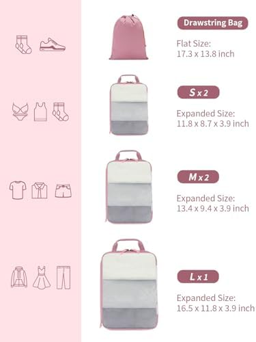 ECOHUB 6 Set Compression Packing Cubes, Gifts for Women Mom, Lightweight Vacation Travel Essentials Accessories for Suitcase Luggage Organizer Bags Set with YKK Zippers Shoe Bag, Pink - Image 4