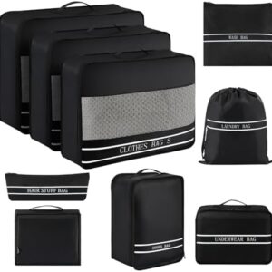 9 Set Packing Cubes Luggage Packing Organizers for Travel Accessories Space Saving Travel Bags for Carry On, Lightweight Mesh Zipper, Clothes, Shoes, Laundry and Shoe Bag, Suitcases (BLACK)