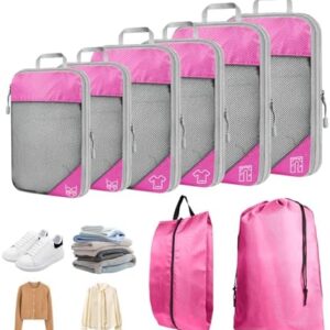 8 Set Compression Packing Cubes for Travel, Expandable Luggage Organizer with Shoe Bag & Laundry Bag - Lightweight Suitcase & Backpack Travel Essentials (Pink)